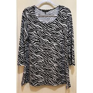 Slinky Brand Womens Top L Zebra Black White Animal Print Long Sleeve Stretch
